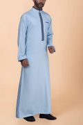 Light blue thobe with navy geometric embroidery strip and band collar for men