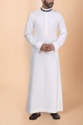 Off-white thobe with tonal embroidery strip and contrast band collar for men