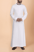 Off-white thobe with tonal embroidery strip and contrast band collar for men