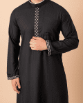 Full length jet black Islamic thobe with white geometric embroidery
