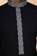 Black Thobe with Grey Geometric Embroidery Strip & Band Collar - Image 2