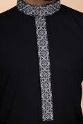 Black Thobe with Grey Geometric Embroidery Strip & Band Collar - Image 2