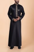 Black Designer Thobe with Gold Geometric Embroidery for Men