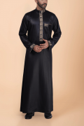 Black Designer Thobe with Gold Geometric Embroidery for Men