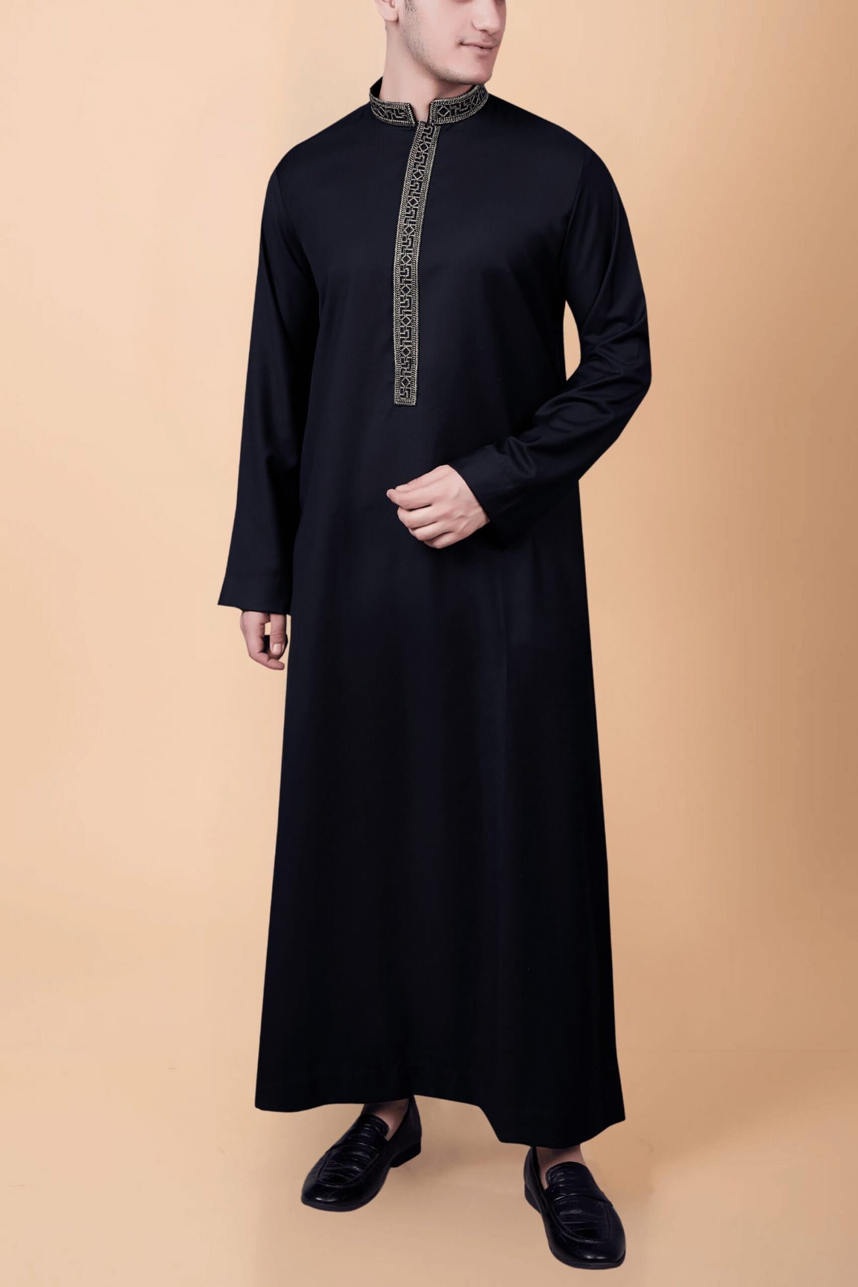 jet black thobe with gold geometric embroidered placket and collar