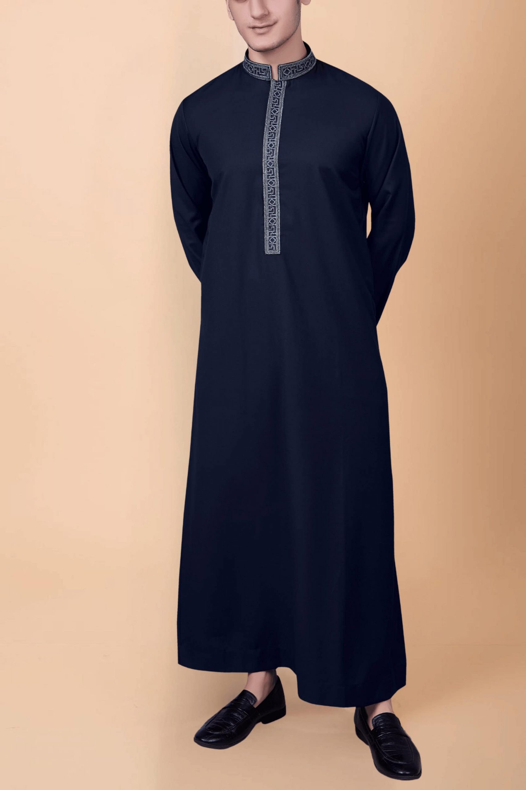 navy-blue-thobe-silver-geometric-embroidery navy blue thobe with silver geometric embroidery strip and collar