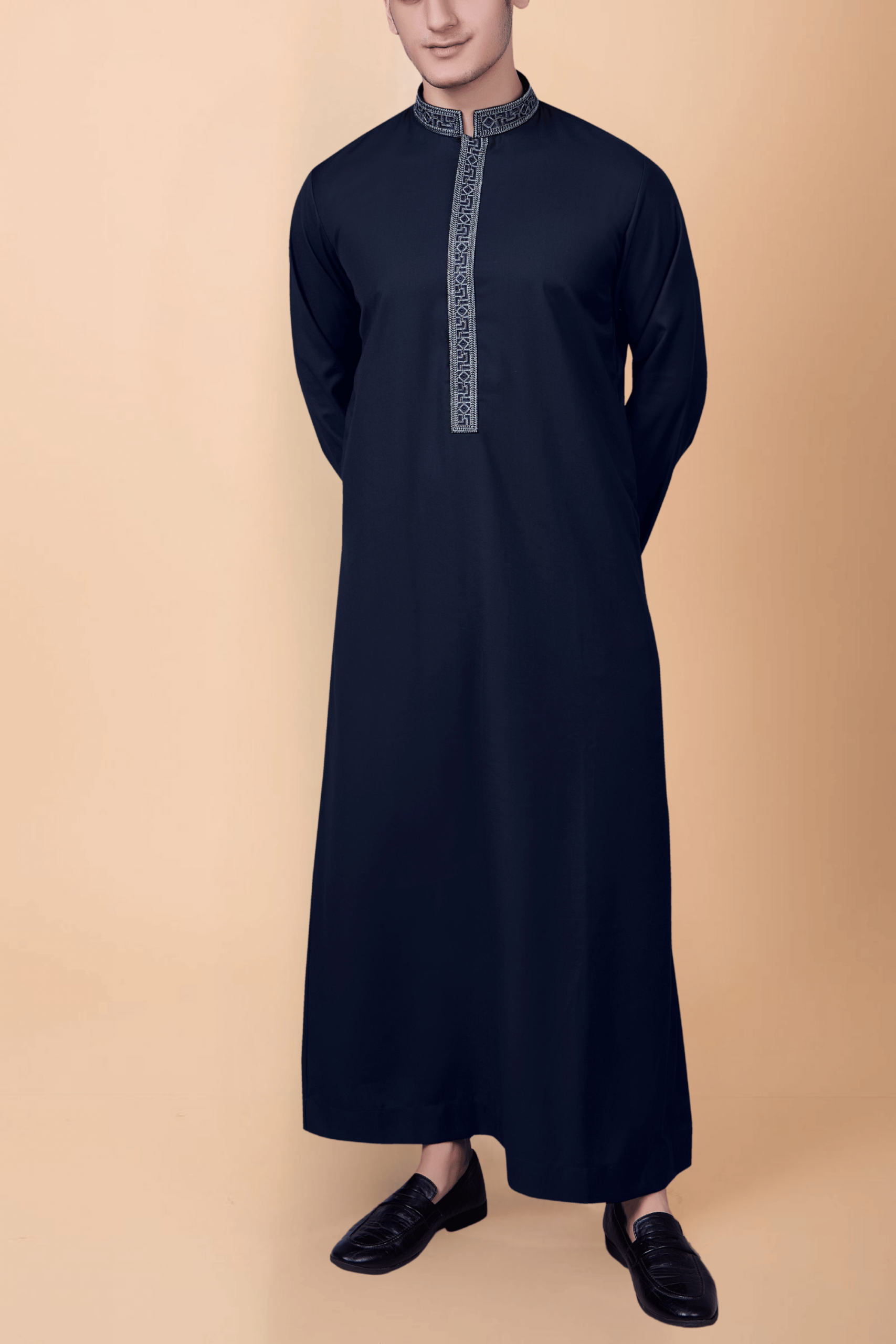 navy-blue-thobe-silver-geometric-embroidery navy blue thobe with silver geometric embroidery strip and collar