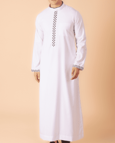 Men’s classic white thobe with black lattice embroidery strip and contrast cuff trim front view