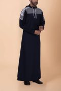 Men wearing navy blue hooded thobe with grey panel, white stripe design and zip front hood