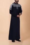Men wearing navy blue hooded thobe with grey panel, white stripe design and zip front hood
