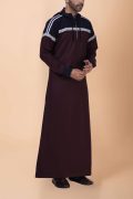 Men wearing maroon hooded thobe with navy blue panel, grey stripe design and zip front neckline
