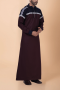 Men wearing maroon hooded thobe with navy blue panel, grey stripe design and zip front neckline