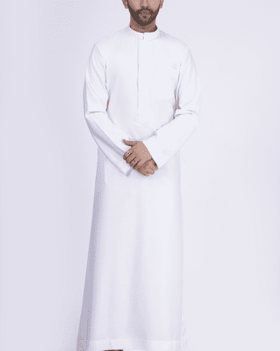Classic White Plain Thobe with Band Collar
