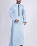 Light blue thobe with navy geometric embroidery strip and band collar for men