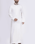 Off-white thobe with tonal embroidery strip and contrast band collar for men