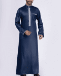 Navy blue thobe with white geometric embroidery strip and band collar for men