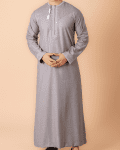 Light grey Omani thobe with white geometric embroidery and tassel for men