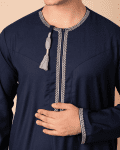 Navy blue Omani thobe with white geometric embroidery and tassel for men