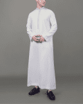 full length front view of pure white thobe with silver geometric embroidered placket and collar