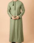 Light olive green Omani thobe with dark green geometric embroidery and tassel for men