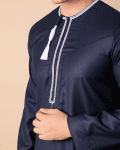 Navy blue Omani thobe with white geometric embroidery and tassel for men