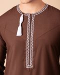 Coffee brown Omani thobe with white geometric embroidery and tassel for men