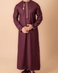 Maroon Omani thobe with white geometric embroidery and tassel for men