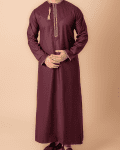 Maroon Omani thobe with white geometric embroidery and tassel for men