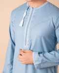 Light sky blue Omani thobe with white loop embroidery and tassel for men