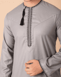 Light ash grey Omani thobe with black loop embroidery and tassel for men