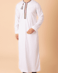 White Omani thobe with green red black embroidery and tassel for men