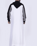 Men wearing white hooded thobe with black sleeves, grey chest panel, red stripe and zip front design