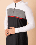 Men wearing black hooded thobe with white sleeves, grey panel and red stripe zip front design