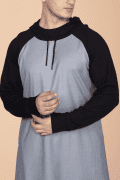 Men wearing light grey hooded thobe with black sleeves and hood minimalist Islamic wear