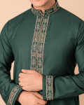 close up of emerald green thobe with gold floral embroidered collar placket and cuffs