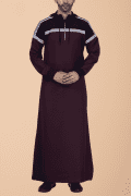 Men wearing maroon hooded thobe with navy blue panel, grey stripe design and zip front neckline