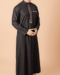Full length jet black men’s thobe with gold contrast trim and band collar
