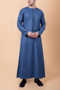 Steel blue Emirati thobe with tassel and subtle blue chest embroidery