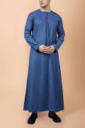 Steel blue Emirati thobe with tassel and subtle blue chest embroidery