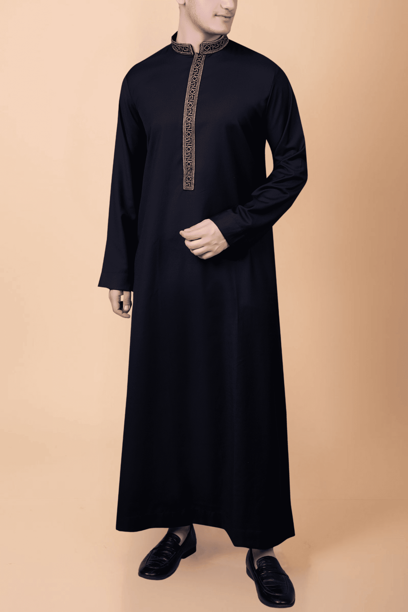 jet black thobe with gold geometric embroidered placket and collar