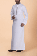 White thobe with beige floral embroidery strip and band collar for men