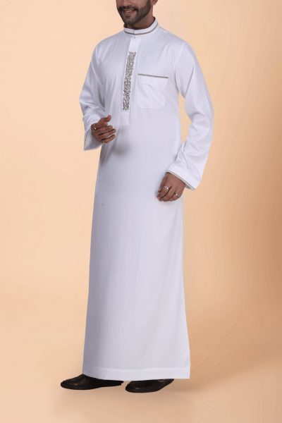 White thobe with beige floral embroidery strip and band collar for men