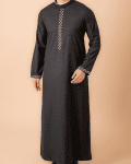 Jet black men’s thobe with white geometric embroidered placket and cuff borders
