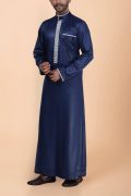 Navy blue thobe with white geometric embroidery strip and band collar for men