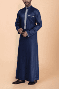 Navy blue thobe with white geometric embroidery strip and band collar for men