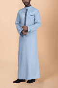 Light blue thobe with navy geometric embroidery strip and band collar for men