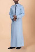 Light blue thobe with navy geometric embroidery strip and band collar for men