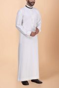Off-white thobe with tonal embroidery strip and contrast band collar for men