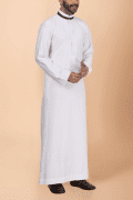 Off-white thobe with tonal embroidery strip and contrast band collar for men