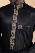 Black Designer Thobe with Gold Geometric Embroidery for Men